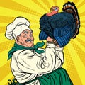 Retro chef with a live Turkey, thanksgiving