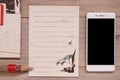 Retro Chinese aboriginal stock photography flat lay vintage paper note message wooden plank pencil smart phone mock up Royalty Free Stock Photo