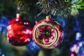 Retro Christmas bauble on Christmas tree closeup, holiday home decoration Royalty Free Stock Photo