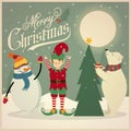 Retro Christmas card with polar bear, elf and snowman that adorn Royalty Free Stock Photo