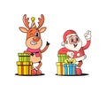 Retro Christmas Characters, Jolly Santa In A Vintage Suit, Radiant Reindeer With Glowing Nose, Showing Thumb Up