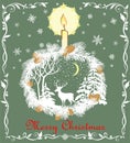 Retro Christmas greeting pastel green card with cut out paper fir wreath, snowflakes, candle, deer and winter landscape Royalty Free Stock Photo