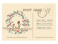 Retro christmas greeting postcard with birds, holly wreath