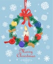 Retro Christmas pastel greeting card with cut out paper fir wreath, fir tree cone, snowflakes, hanging northern cardinal bird toy