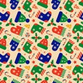 Retro Christmas pattern with winter clothes: hats, boots, mittens and holiday decorations Royalty Free Stock Photo