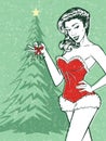 Retro Christmas Pin-up Vector Illustration of a Sexy Woman Holding Mistletoe