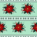 Retro christmas poinsettia flower mistletoe seamless pattern with horizontal rhombus ornament