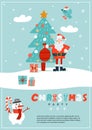 Retro Christmas Poster Card With Santa Near Decorated Xmas Tree. A4 Vertical Holiday Christmas Party Concept. Hand Drawn Flat