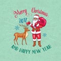 Retro Christmas Poster With Santa Claus And Deer.