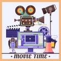 Retro cinema concept poster with megaphone, lamp, microphone,monitor,camcorder,realistic detailed vector illustration Royalty Free Stock Photo