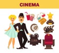 Retro cinema movie cinematography poster of actors and cinematograph equipment.