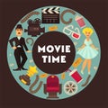 Retro cinema movie time poster vector flat cinematography actors and equipment design template