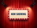 Retro cinema or theater frame illuminated by spotlight. Now showing sign on red curtain backdrop. Movie premiere signs Royalty Free Stock Photo