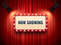 Retro cinema or theater frame illuminated by spotlight. Now showing sign on red curtain backdrop. Movie premiere signs vector Royalty Free Stock Photo