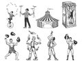 Retro circus performance set sketch vector