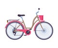 Retro City Bicycle with Basket, Ecological Sport Transport, Pink Bike Side View Flat Vector Illustration
