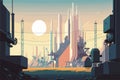 Retro city landscape, futuristic background, vector illustration