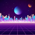 Retro city landscape in neon colors. Cyberpunk futuristic town. Sci-fi background abstract digital architecture. Vector Royalty Free Stock Photo