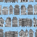 Retro city pattern.Set of watercolor colorful european amsterdam style houses