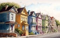 Retro cityscape, cute cartoon city houses, town stree scenery, old europian buildings