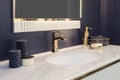 Retro classic bathroom dark blue interior, clean bright stylish designer retro bathroom