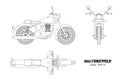 Retro classic motorcycle in outline style. Side, top and front view. Drawing of vintage motorbike on white background