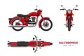 Retro classic motorcycle in realistic style. Side, top and front 3d view. Detailed image of vintage red motorbike