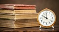 Retro clock and books, back to school , education, learning history banner