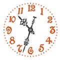 Retro clock face with elegant clock hands, original number symbols and tick marks placed on a white background. Vector
