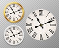 Retro Clock Face. Tower Wall Clocks With Roman Numerals And Antique Classic Hands In Golden And White Round Watch Case