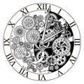 Retro clock mechanism. Clockwork illustration. Vintage gears