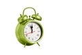 retro clock, pointer clock, green color alarm clock on isolated white background Royalty Free Stock Photo
