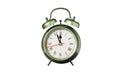 retro clock, pointer clock, green color alarm clock on isolated white background