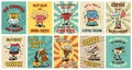 Retro coffee posters. Cartoon espresso cups, coffee house stickers with slogans in style of 1930s rubber hose animation