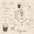 Retro collection with different coffee objects: cups, coffee grinders, coffee makers, coffee beans. Hand drawn. Royalty Free Stock Photo