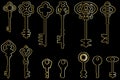 Retro collection with golden keys. Vintage vector illustration. Decorative symbol. Elegant decoration. Stock image Royalty Free Stock Photo