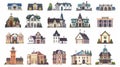 Retro colonial style buildings illustrated as a cartoon modern set. Old residential and government buildings, churches Royalty Free Stock Photo
