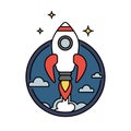 Retro colored rocket icon or circular badge , innovation or startup concept