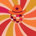 Retro colorful cowboy hat on disco ball with vintage sunburst red, orange and mustard Royalty Free Stock Photo