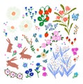 Retro colorful cute flowers, strawberry and rabbits hand-drawn illustration graphic resource collection set