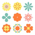 Retro colorful Flowers Set, 1970, Groovy style, Hippie stickers. Daisy flowers. geometric stickers, isolated vintage Royalty Free Stock Photo