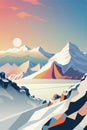 Retro colorful landscape. Snowy background. Snowfall Clear blue sky wallpaper, vector illustration Royalty Free Stock Photo