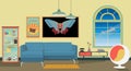 Retro colorful living room interior design with chair, cabinet, butterfly picture, book, airplane and flowers. Flat style vector i