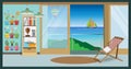Retro colorful living room interior design with chair, cabinet, sea, ship and flowers. Flat style vector illustration