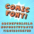 Retro comic book font. Super hero comics letters, vintage cartoon heroes fonts and pop art comics alphabet vector illustration Royalty Free Stock Photo