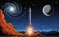 Retro Comic Book Style Rocket Launch into a Starry Night Sky with Moon and Galaxy Royalty Free Stock Photo