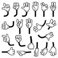 Retro comic hands gestures in gloves for cartoon characters. Doodle arm pointing finger. Thumb up, fist, rock and