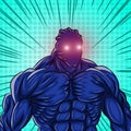 Retro comic style artwork, a blue monster with a burly body and masculine muscles, with a mysterious face and glowing eyes.