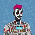 Retro comic style artwork, a Cyborg with the head of a clown.