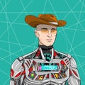 Retro comic style artwork, a cyborg, wearing a beige cowboy hat.